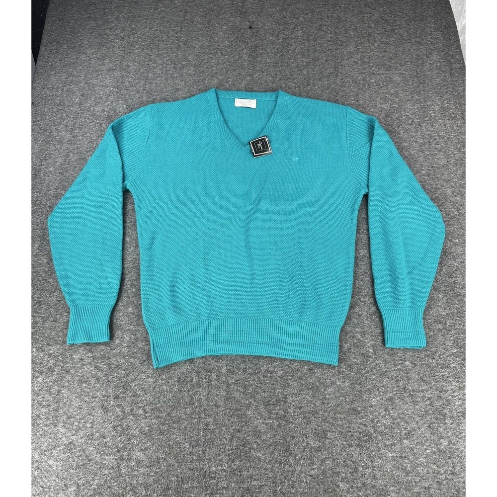 Vintage Christian Dior Sweater Mens XL Blue Made In USA V Neck Knit NWT